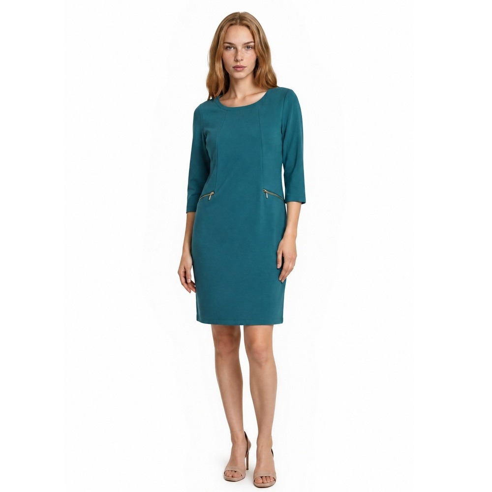 Tracy Negoshian Shift Dress Women's Size Medium Teal Zip Pockets 3/4 Sleeve